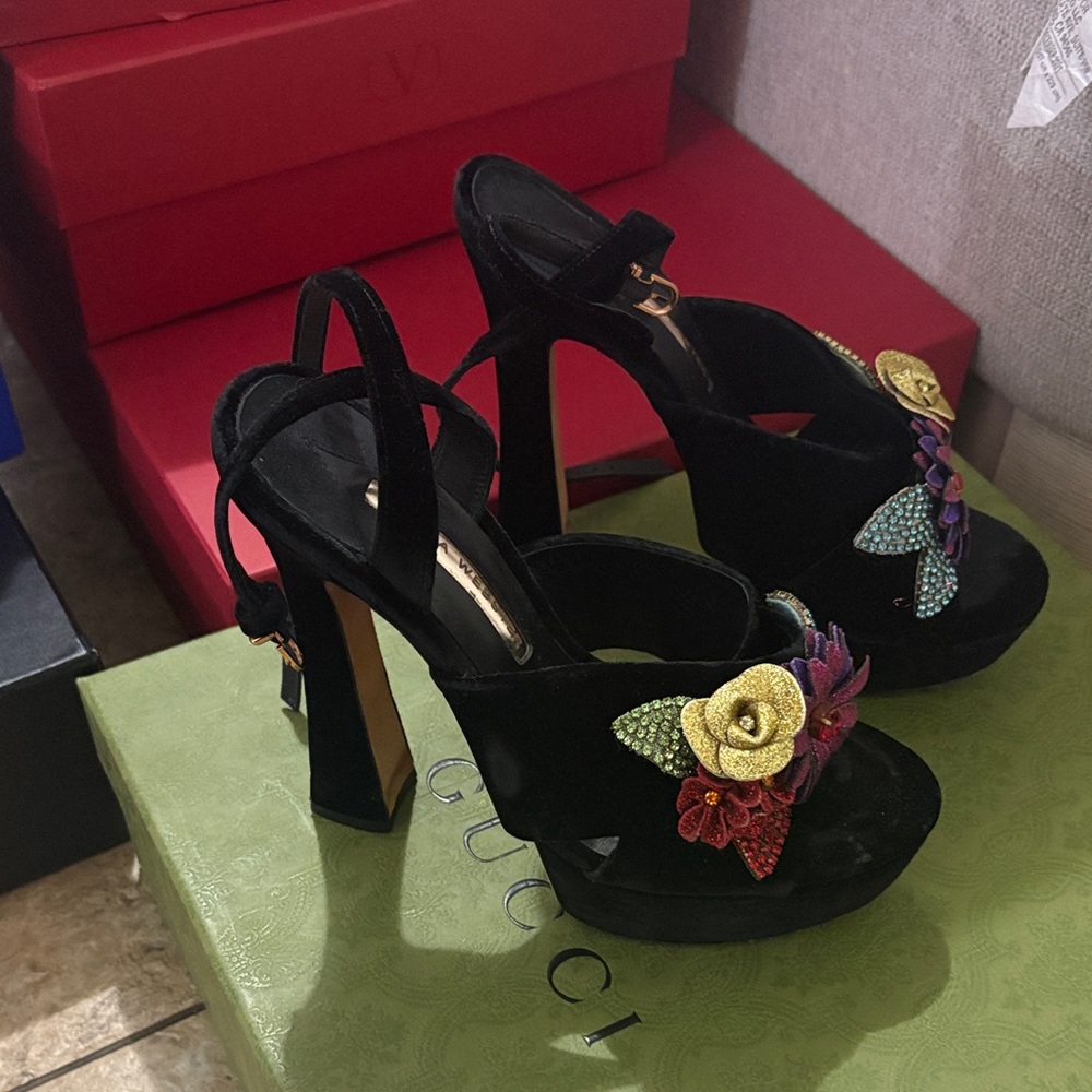 Sophia Webster Black Heels with Multicolor Floral Design